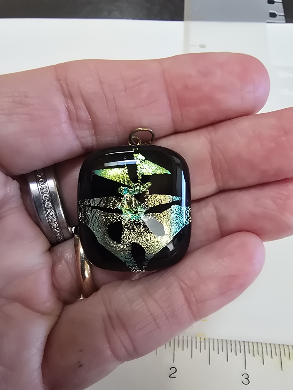 Handmade Black Glass Pendant with Iridescent Gold-Green Accent